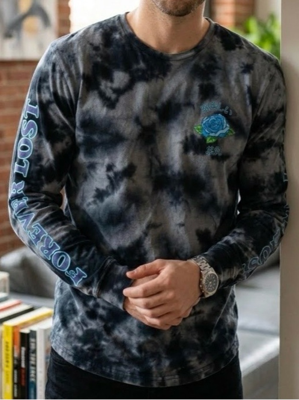 Gray Tie-Dye Long Sleeve Tee with Subtle Black Wash
